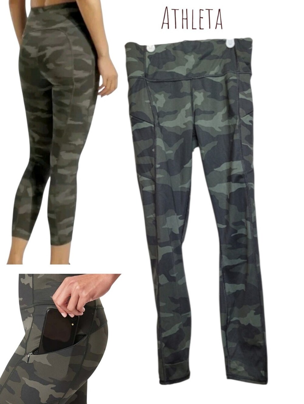 Athleta Women's Contender PowerLift 7/8 tight Black Olive Camo pockets Legging S